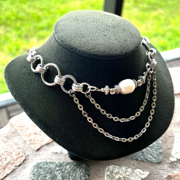 Handmade maille links choker necklace white mother of pearl charm boho goth - Picture 7 of 11